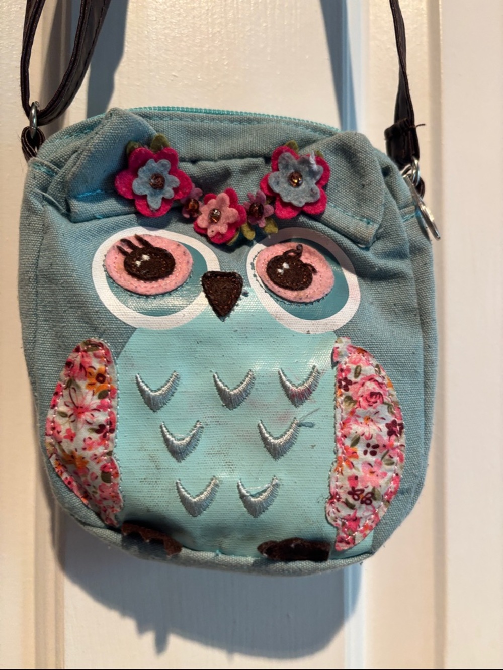 Blue Owl Crossbody Bag with Floral Accents
